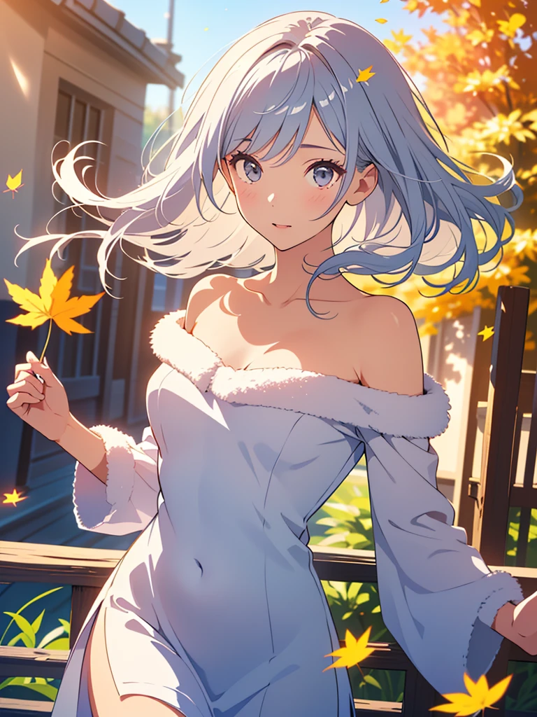 ((masterpiece:1.5、8k、Portraiture、Very detailedなCG、Very detailed、Particle Effects、Dynamic Effects、Shallow depth of field、Cinematic Light、Lens flare、Ray Tracing、Tabletop、超A high resolution:1.2、2.5D illustration))((alone、,Woman wearing an off-the-shoulder fur sweater:1.4、Elegant woman posing、Detailed face、brightexpression、young, bright, Whiter skin、Ample breasts、Best Looks、Ultimate beauty、Shiny silver hair with highlights、bright and shiny hair,、Super long, Silky straight hair、Hair dancing in the wind))(A tree of light stretching to the sky、Shiny leaves fall、Morning Dew、It's shining brightly)