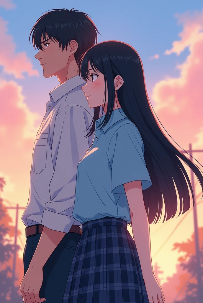 Straight black haired Japanese high school girl and hero。
A painting that looks like a photograph。
The uniform is a light blue shirt.。
The skirt is dark in color with a navy blue and gray check pattern.。
Skirt length is shorter than above the knee。
The length of the hair is very long。
The bangs are neatly trimmed and cover the eyebrows.。
Nogizaka46-ish. Seen from the right. Height 180cm.。 モデルっぽい どちらも顔が見えるように A painting that looks like a photograph