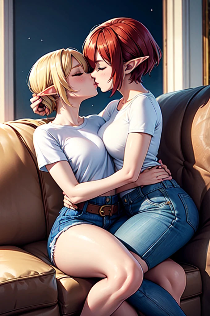 two female elves, one with short red hair, curvy build, white tight tee shirt, blue denim shorts, black heels, other elf with short blonde hair, slim build, white tight tee shirt, blue denim shorts, black heels, cuddling close on sofa, kissing, one sitting on others lap with legs wrapped around their waist, both eyes closed