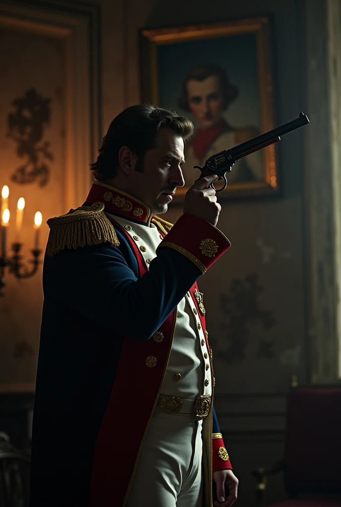 Napoleon Bonaparte sadly holds a pistol to his head, Cinematic