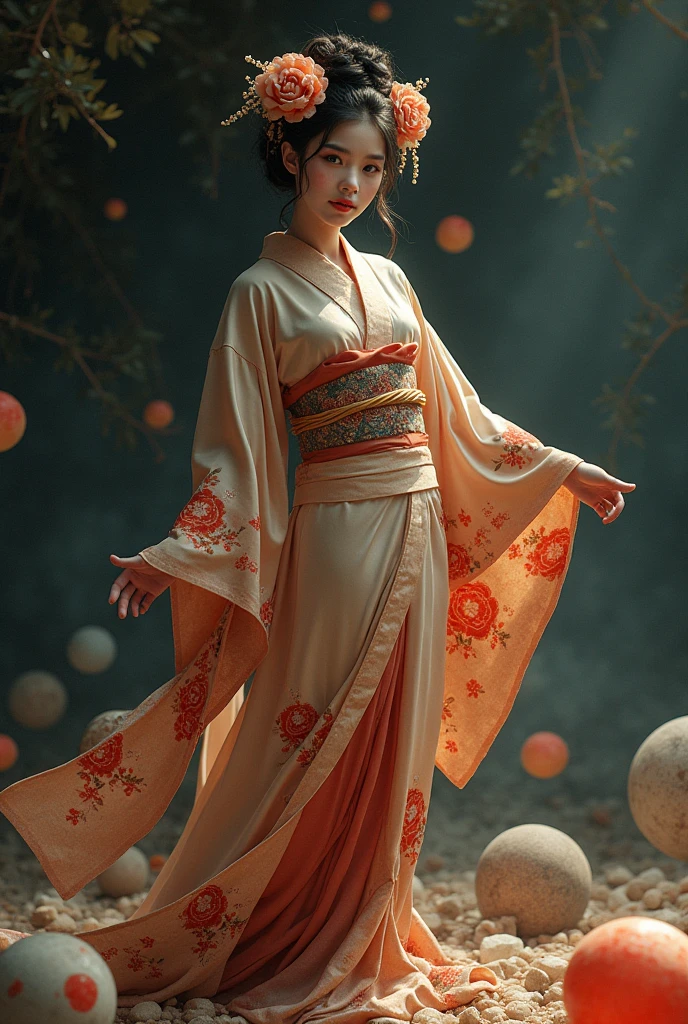 Create an 18 year old girl wearing a kimono on her face a disgusting smile her 3 curves are perfect the most beautiful in the multiverse under her feet are tiny planets she can crush the sun easily