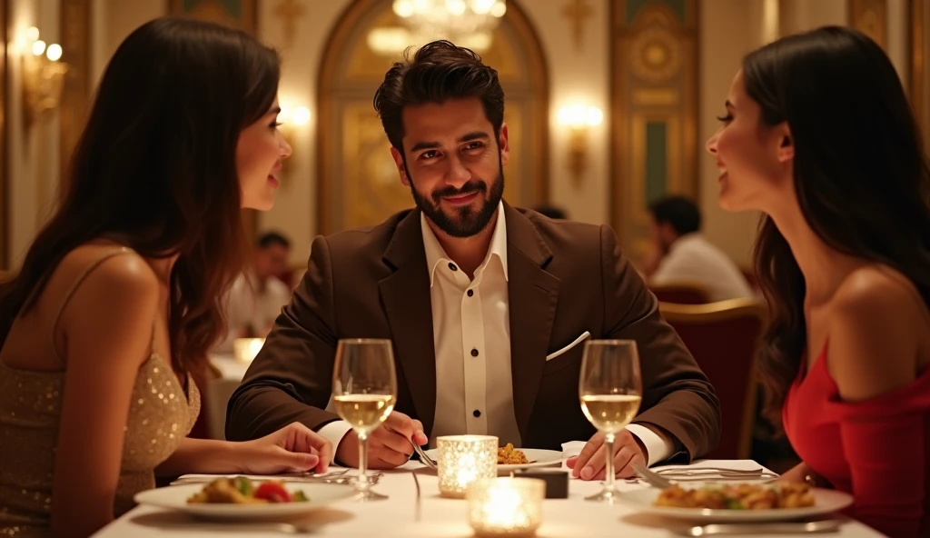 In an Indian luxury restaurant there is an Indian handsome businessman who is 24 years old and is wearing brown 3 pices And he is 24 years old. He is sitting alone at a table in a restaurant and eating a good dish and three girls are sitting and eating on the table in front of him. Those three girls are beautiful and one of them is wearing a golden frock and the other two girls are wearing a black dress and one is wearing a red dress. All three are 24 years old.