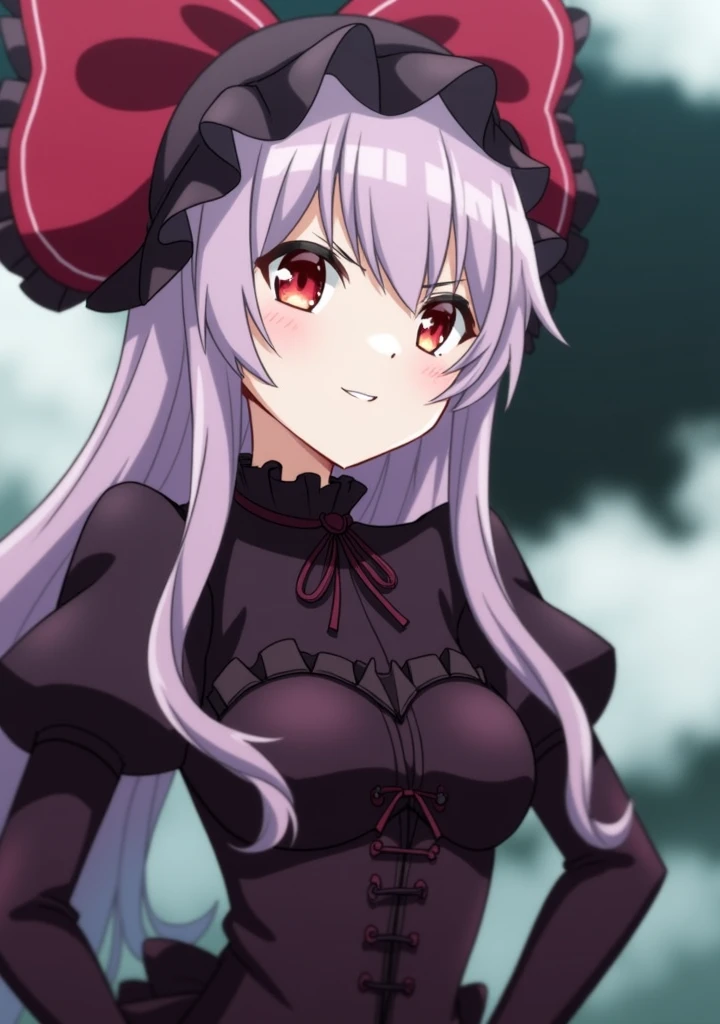 

[Shalltear Bloodfallen,  a beautiful vampire with long, flowing purple hair,  wearing a dark gothic dress with a large red bow,  her crimson eyes glinting with a mischievous glint], [Anime style, Overlord aesthetic,  Overlord them], [Reference: Shalltear Bloodfallen from Overlord], [Dramatic lighting with deep shadows,  a dark and mysterious background,  a sense of  power and  intrigue,  and a hint of  bloodlust].
