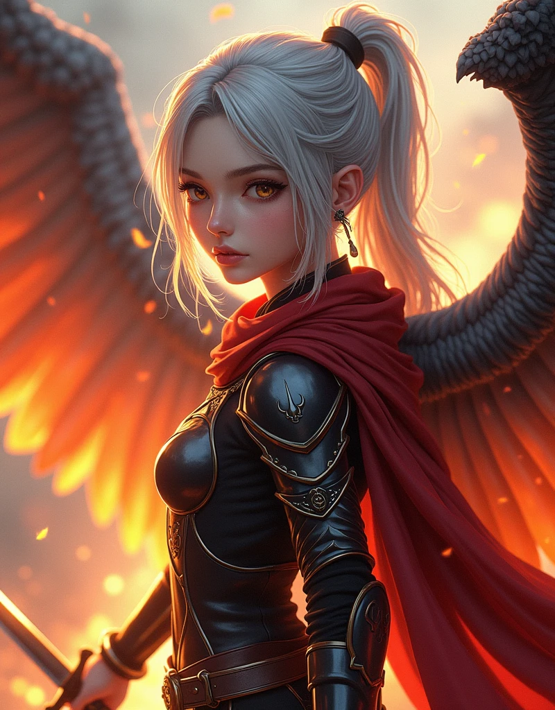 ((Super beautiful illustrations, 8K, masterpiece :1.2, Clear focus :1.2, Depth of Field:1.2)), Beautiful female swordsman, absurd, Highly detailed face and skin textures, Silver Hair, Black Armor, Flame armor, Cloak of flames, A flame-wrapped sword, Wings of Fire, Determination to overcome grief, Your gentle eyes reveal a firm determination , Strong soul