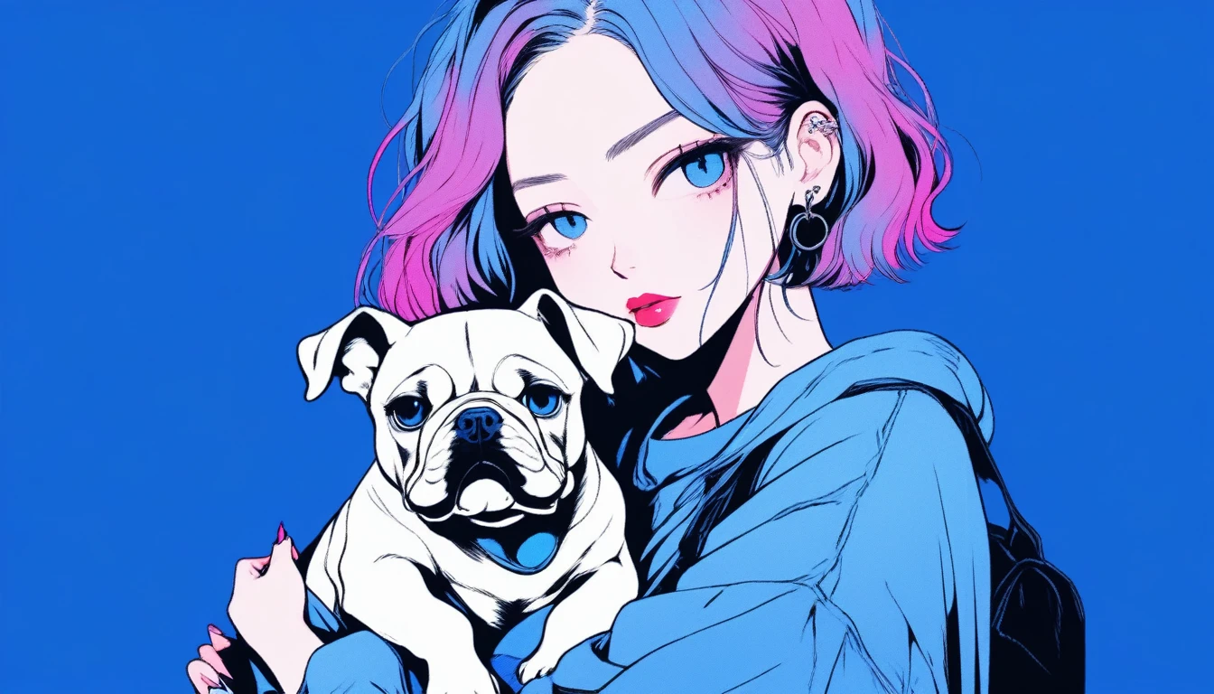 Illustrator, anime , Realistic ,sketch , Inside the intersection、An adult woman holding a cute bulldog puppy, lip, nail、T-shirt,order,Textured Trim, (masterpiece,Highest quality) , Neon Hair,Textured Trim, Canadian, (masterpiece,Highest quality) Cancer,night、Blue background,