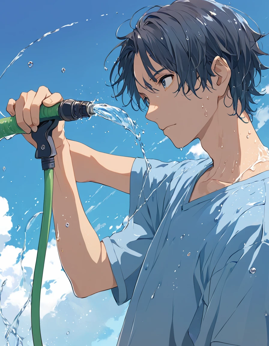 Summer morning、Watering morning glory twinks Tank tops A dark-haired jpn male people blue-sky