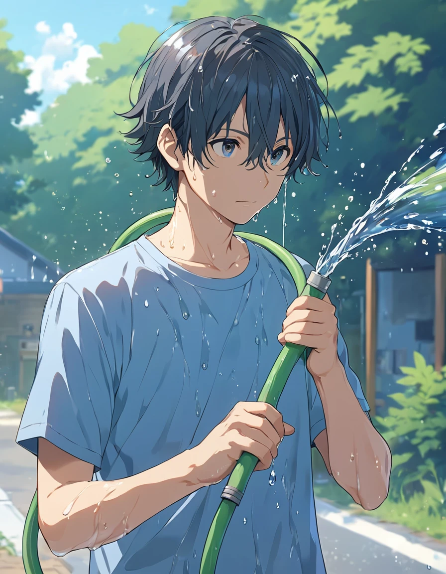 anime boy with wet hair and blue shirt holding a hose, makoto shinkai!, makoto shinkai!!, makoto shinkai. —h 2160, ( ( makoto shinkai ) ), style of makoto shinkai, water dripping off him, makoto shinkai art style, clean detailed anime art, makoto shinkai style