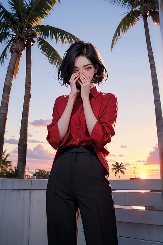 retro girl, short black hair, covering eyes, heterochromia eyes, pale skin, serious, black suit top, red dress shirt, stright dress pants, Miami, sunset, Ferrari, palm tree,