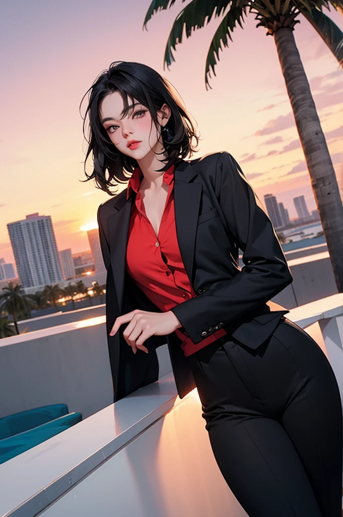 retro girl, short black hair, covering eyes, heterochromia eyes, pale skin, serious, black suit top, red dress shirt, stright dress pants, Miami, sunset, Ferrari, palm tree,