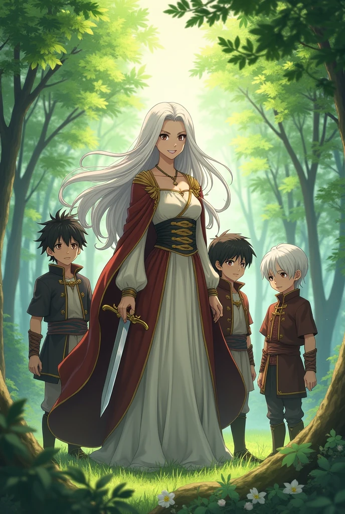 Animé, femme, cheveux blanc, belle, douce, vêtement moyen âge, avec dague, mère de 4 garçons (long cheveux noir, blanc cheveux court, court cheveux noir, blanc cheveux semi-court)