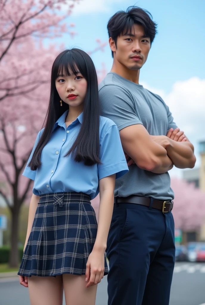 A Japanese high school girl with straight black hair and a professional wrestler. A photo-like picture。

The uniform is a white shirt。Big Breasts。

The skirt is dark in color with a navy blue and gray check pattern.。

Skirt length is shorter than above the knee。
The length of the hair is very long。
The bangs are neatly trimmed and cover the eyebrows.。

Nogizaka46-ish. Seen from the right. Height 180cm.。 Model-like. Both of their faces are visible, so it&#39;s almost like a photograph.
