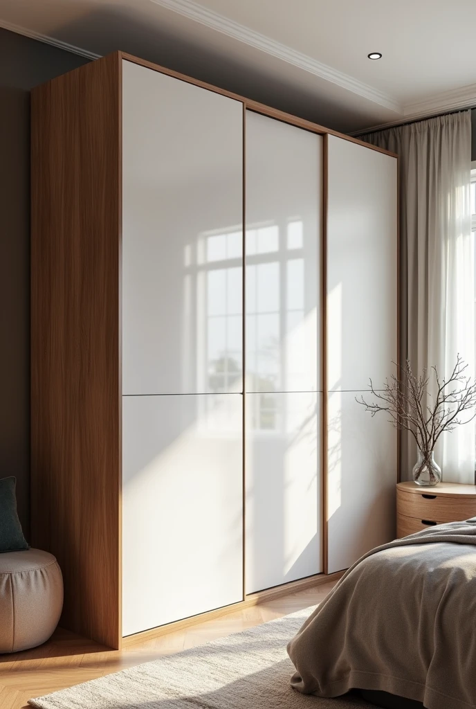 Create a wardrobe sliding two door design with onyx pine and white combination