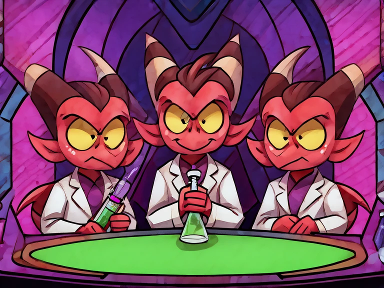 (masterpiece, best quality:1.2), Group of Imp´s, serious face, wearing scientist clothes, loading a syringe, futuristic purple laboratory background