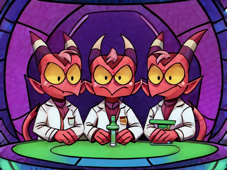 (masterpiece, best quality:1.2), Group of Imp´s, serious face, wearing scientist clothes, loading a syringe, futuristic purple laboratory background