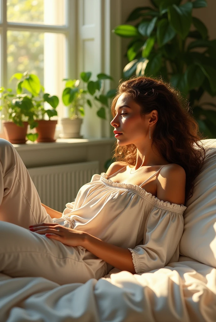 (photorealism:1.2), beautiful woman, sitting on bed, wearing loose off-shoulder top, pajama pants, long curly hair, indoors, soft lighting, plants in background, window with sunlight, cozy room, relaxed pose, realistic, intricate details, warm colors, by Greg Rutkowski, by Alphonse Mucha