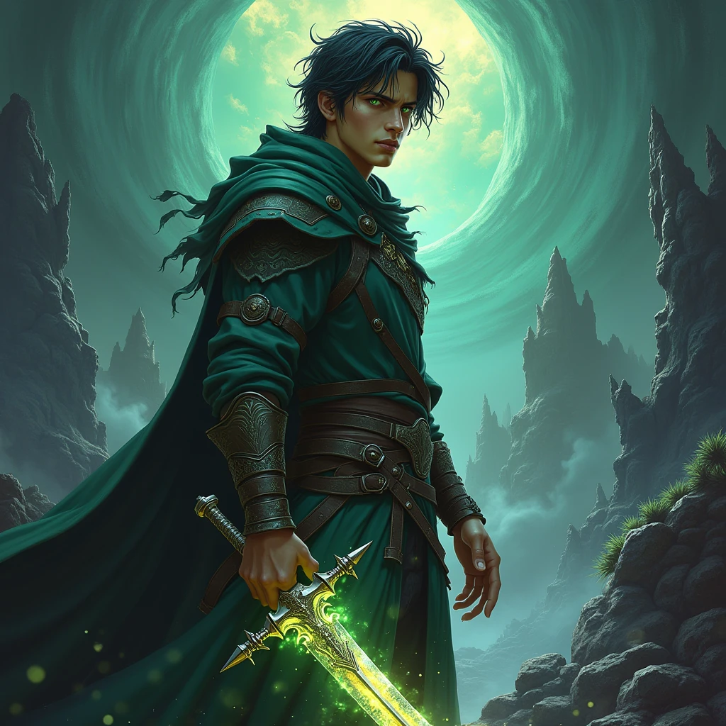 (photorealism:1.2), Background: The cover features a dramatic, fantasy landscape of a world shrouded in illusion. The backdrop includes a large, swirling vortex or veil, symbolizing the illusionary nature of the world. The landscape is a mix of mystical forests, ancient ruins, and shadowy mountains, with a faint, otherworldly glow permeating the scene.Foreground: In the foreground, the central figure is Riven Kael, depicted in a dynamic pose. He is dressed in rugged, battle-worn attire, reflecting his journey and struggles. His green eyes are intense, and his raven-black hair is slightly tousled, adding to his determined appearance.Details:Riven is shown wielding a prominent weapon, such as a glowing sword or staff, symbolizing his quest for power and vengeance. The weapon should have intricate designs and a radiant aura, emphasizing its significance.Surrounding Riven are subtle, ethereal elements like floating fragments of light, mystical runes, or ghostly figures, representing the illusion and magical aspects of the world.Color Scheme: The color palette includes deep, rich tones such as emerald green, midnight blue, and dark purple, contrasted with highlights of silver and gold. These colors should evoke a sense of mystery, magic, and danger.Text:The title, “Veil of Illusion: The Awakening,” is prominently displayed at the top or center of the cover in an elegant, fantasy-style font. The letters might have a glowing or metallic effect to stand out against the background.At the bottom or in a corner, include the author’s name in a smaller but matching font. You might also add a tagline or subtitle that hints at the novel’s themes, such as “Betrayal, power, and revenge in a world of illusions.”Overall Mood: The cover should convey a sense of epic fantasy and high . The imagery should intrigue and captivate potential readers, drawing them into the mysterious and enchanting world of the novel. Add the words veil of illusions The Awakening in the background