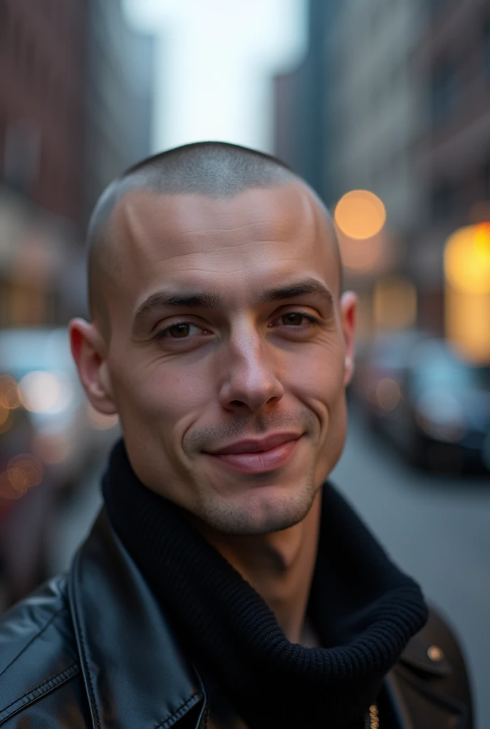 Generate a man with a buzz cut, The face shape is round or oval and short face, skin kinda pale, eye shape is double hooded eye, nose shape is broad and short, lip is full, his eyebrow is thin, his jawline is not sharp.
