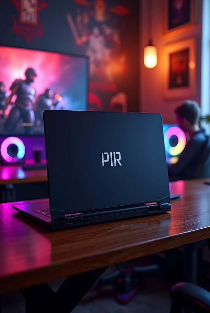 A black gaming laptop with PIR name on it. 