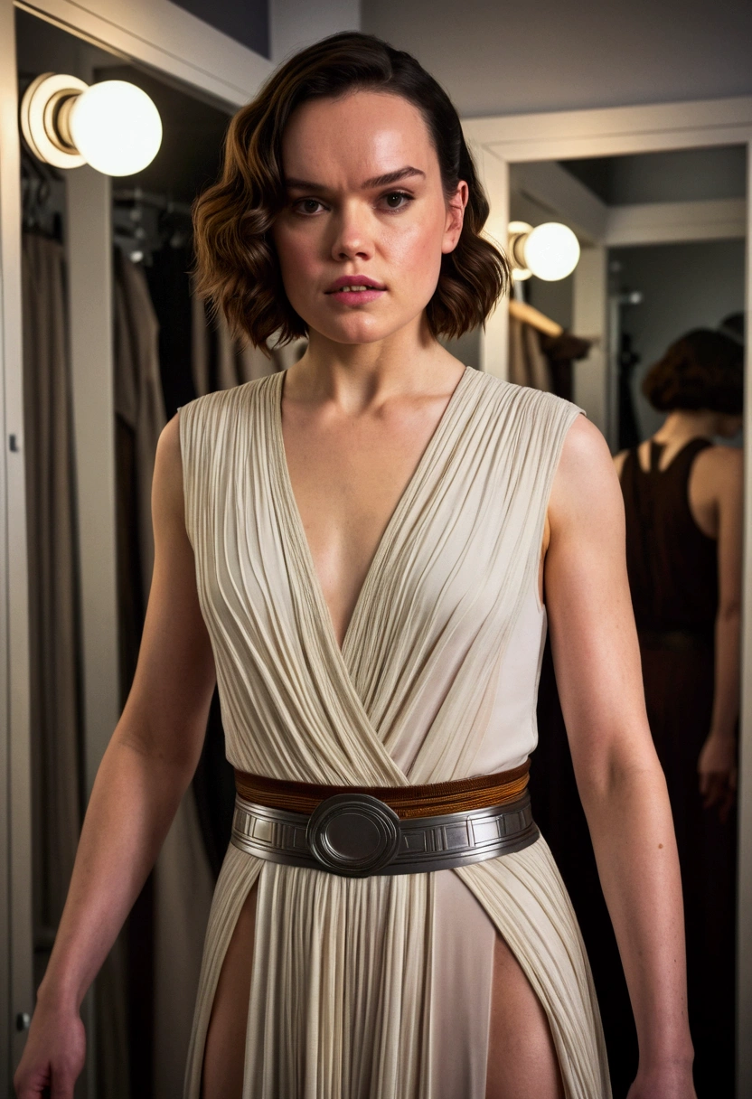 Actress Daisy Ridley takes off the costume she wore in the Star Wars movie in her dressing room, showing her body in front of a mirror. cinematic style, absolute sharpness, 8k image (masterpiece).