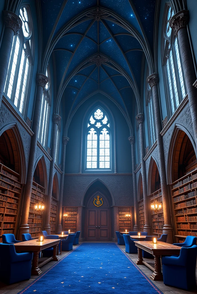 Castle Towers, Harry Potter, Ravenclaw, Halls, arched windows, Blue silk hanging on the walls, Starry vaulted ceilings, Dark blue carpet with stars, Tables, Sitting chairs, bookshelves on the floor
