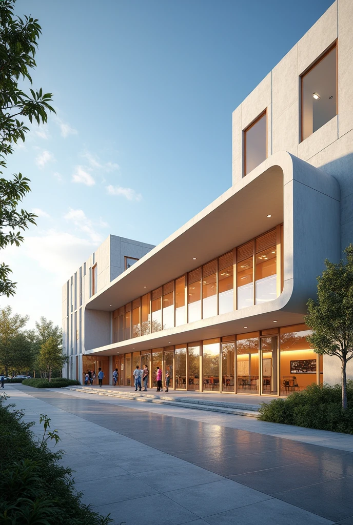 Generates an architectural rendering of a building that will be an emergency center, where the design is based on the concept of “Converging Exhibits”, that they are different volumes joined by a single horizontal element or that somehow converge between them generating a unit, that it is an innovative design, modern and different, out of the ordinary about what hospital buildings are like.