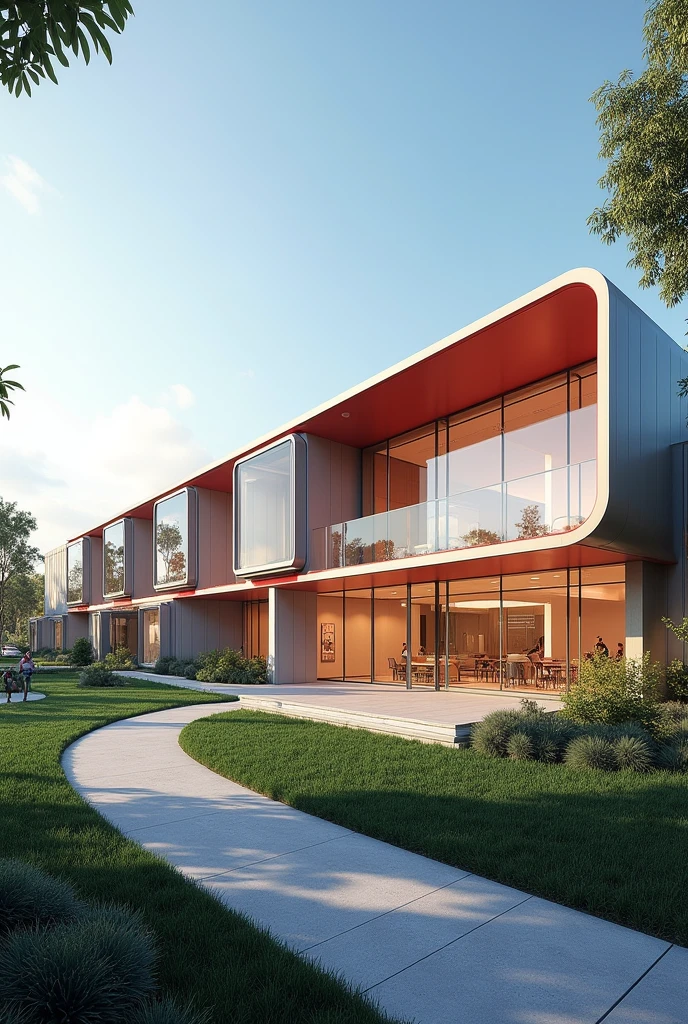 Generates an architectural rendering of a building that will be an emergency center, where the design is based on the concept of “Converging Exhibits”, that they are different volumes joined by a single horizontal element or that somehow converge between them generating a unit, that it is an innovative design, modern and different, out of the ordinary about what hospital buildings are like.
