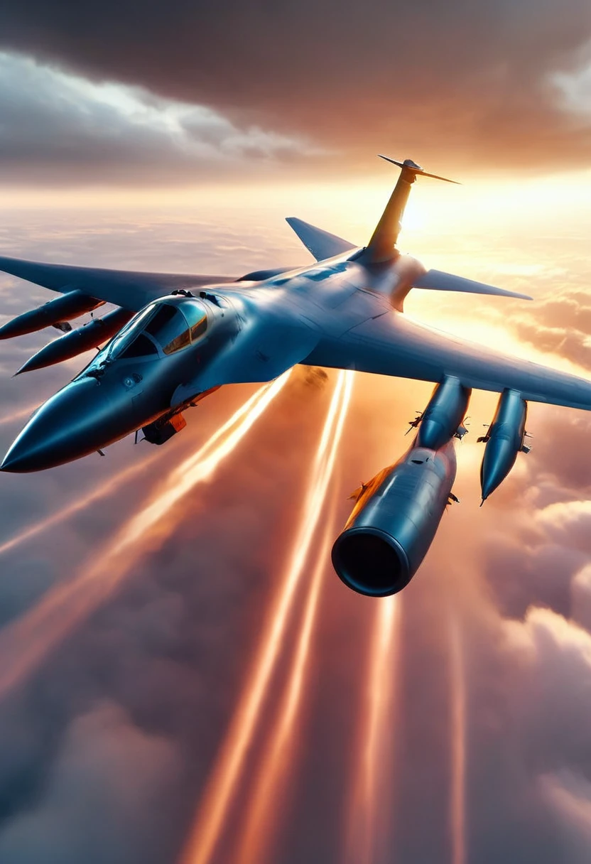 a huge powerful B-1 bomber aircraft, flying through the sky, gray metal body, massive size, detailed mechanical parts, dramatic angle, cinematic lighting, highly detailed, photorealistic, 8k, highest quality