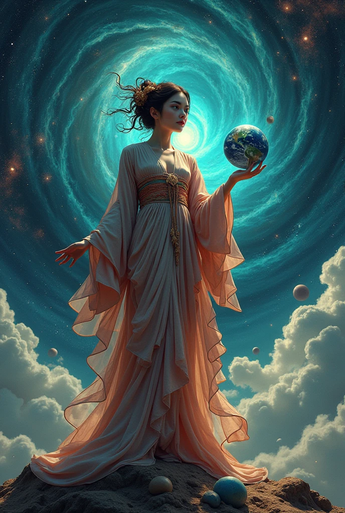 Create an 18 year old female goddess wearing a kimono on her face a disgusting smile her 3 curves are perfect the most beautiful in the multiverse under her feet are tiny planets she can crush the sun easily around is a huge universe in her hand she is holding the earth and smiling evilly