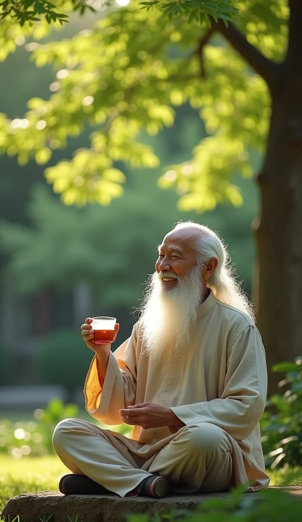 Chinese feng shui master, kind face, white hair, cheerful, drinking tea, The teacher sat looking straight ahead, behind him was a scene of cozy green trees
