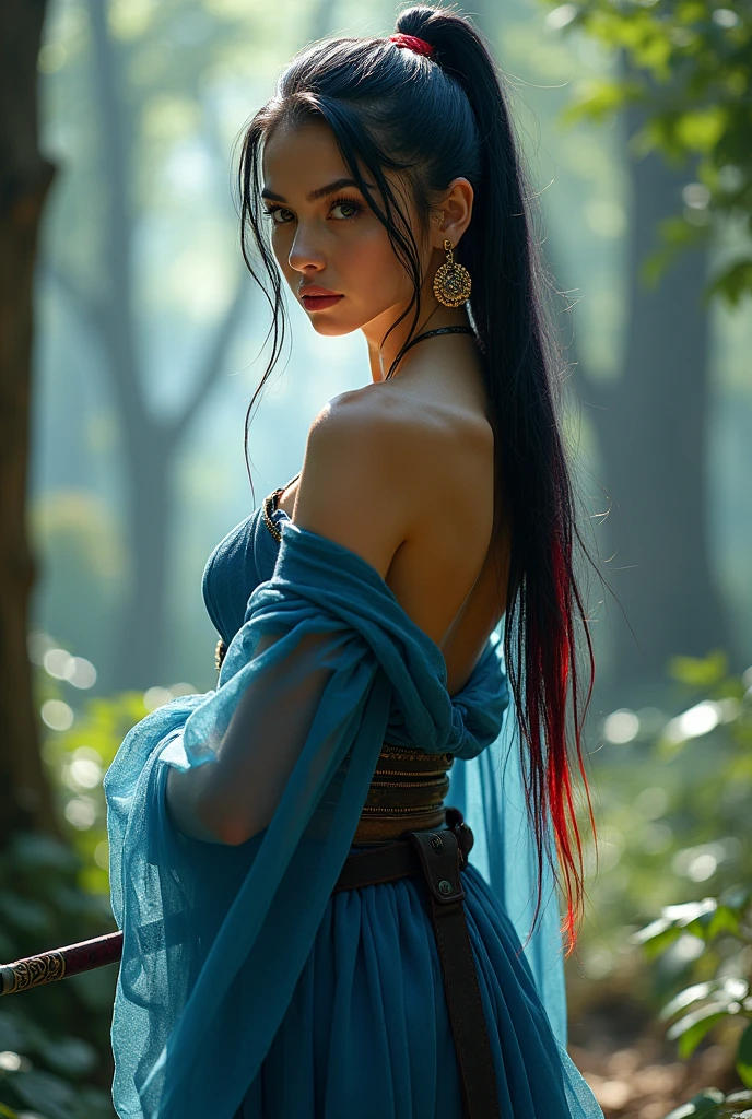 Public curly dark hair, Ponytail, beautiful female warrior, approximately 20 years of age, with a perfect body and dressed only organza transparent coat (see-through: 2.0) , The character has dark blue hair with red highlights, tied in a horse tail, and holds a short sword in her hand. I would like the drawing to be done in any graphic convention that fits the character’s nature, wet skin, (wet:2.0), shiny skin, transparent organza flowing coat, photorealistic: 2.0. Shiny skin, --auto --s2