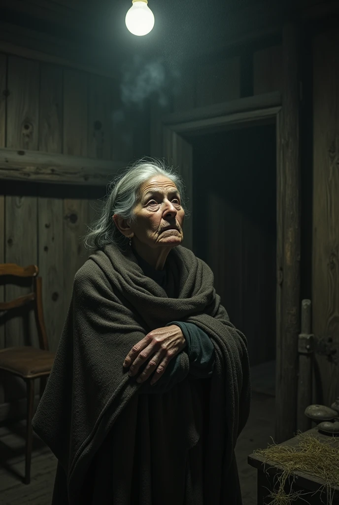 13. **The Room’s Gloom and Tension**: The room is dimly lit, with dust in the air from the big cow’s movement and the old woman’s anxious expression creating a tense and emotional atmosphere.
