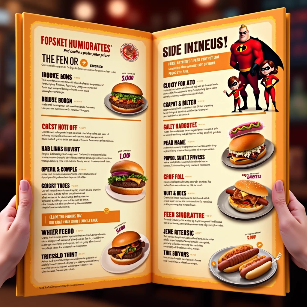 Menu for a restaurant with many products, with the theme and characters of "the Incredibles" from the pixar movie. with the background highlighted in orange and dividing the products into sections: hamburger, crisp, Hot Dog, Traditional Mixed Drinks and Drinks