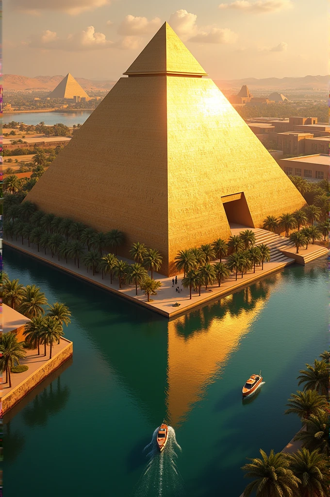 An aerial view of a majestic modern Pharaonic pyramid on the banks of the Nile River