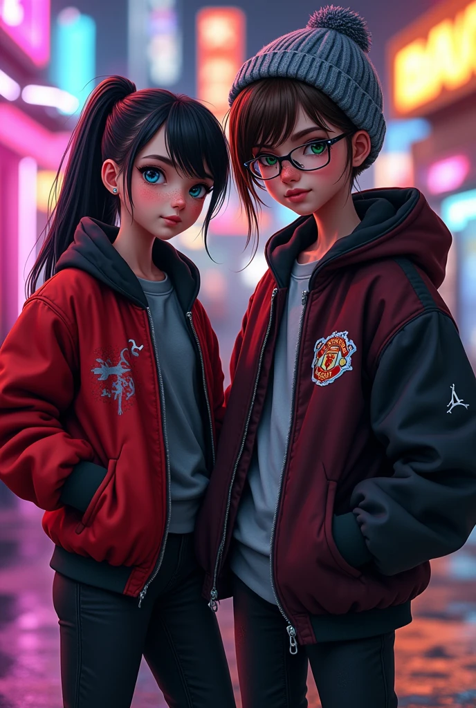causcasian light skinned age female, blue eyes, freckles, skinny, black ponytail, straight black bun with a dyed white streak in front, e-girl style, nostrill nose piercing, wearing a manchester united jacket and black jeans next to her friend who is a slightly tanned causcasian with brown brown hair, green eyes, upturned nose with a septum piercing, wearing reading glasses, hair up and bangs, muscle mommy style with a little worked torso, wearing a gray wool beanie, a black sports top and gray joggers, both drawn in a gta v artwork style.