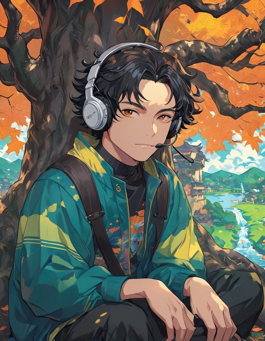 a painting of a man sitting under a tree with headphones on, lofi portrait, lofi artstyle, lofi art, artwork in the style of guweiz, makoto shinkai cyril rolando, handsome guy in demon slayer art, detailed fanart, highly detailed exquisite fanart, high detailed), lofi album art, in the art style of bowater