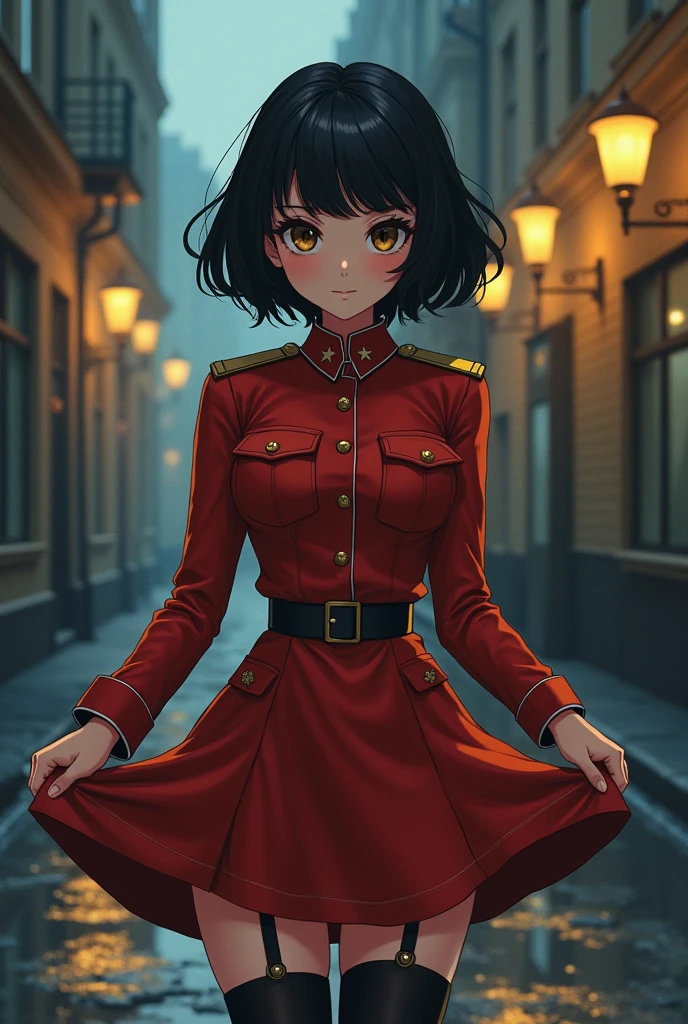 Anime, Short black hair with bangs, Narrow waist, Wearing a Soviet uniform,((Pull up your skirt)),open crotch black tights,pussy,Shaved pussy,Moscow alley