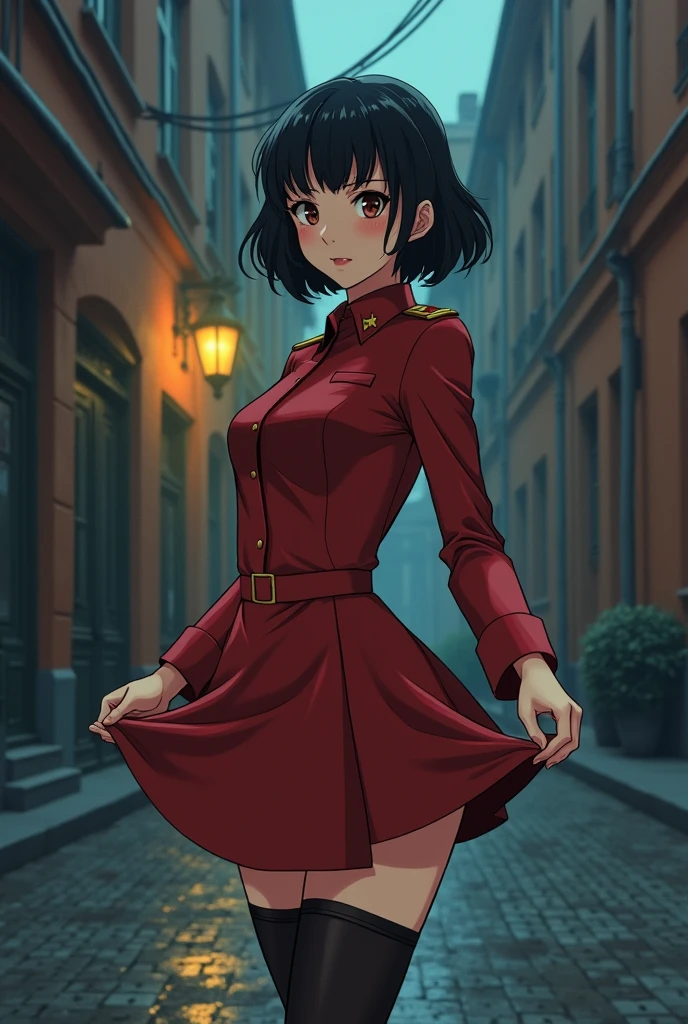 Anime, Short black hair with bangs, Narrow waist, Wearing a Soviet uniform,((Pull up your skirt)),open crotch black tights,pussy,Shaved pussy,Moscow alley