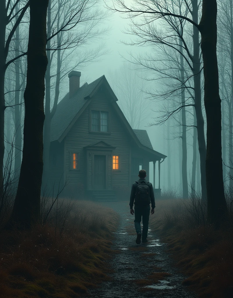 A man walking alone in the woods with a backpack, old house, Inspiration from stefan koidl, Bussiere Rutkowski Andreas Rocha, author：maxim verehin, inspired author：maxim verehin, Inspired by Tomasz Jedruszek, dark cinematic concept art, Weird nostalgic concept art, Inspired by Igor Kieryluk, Inspired by Ismail Inceoglu