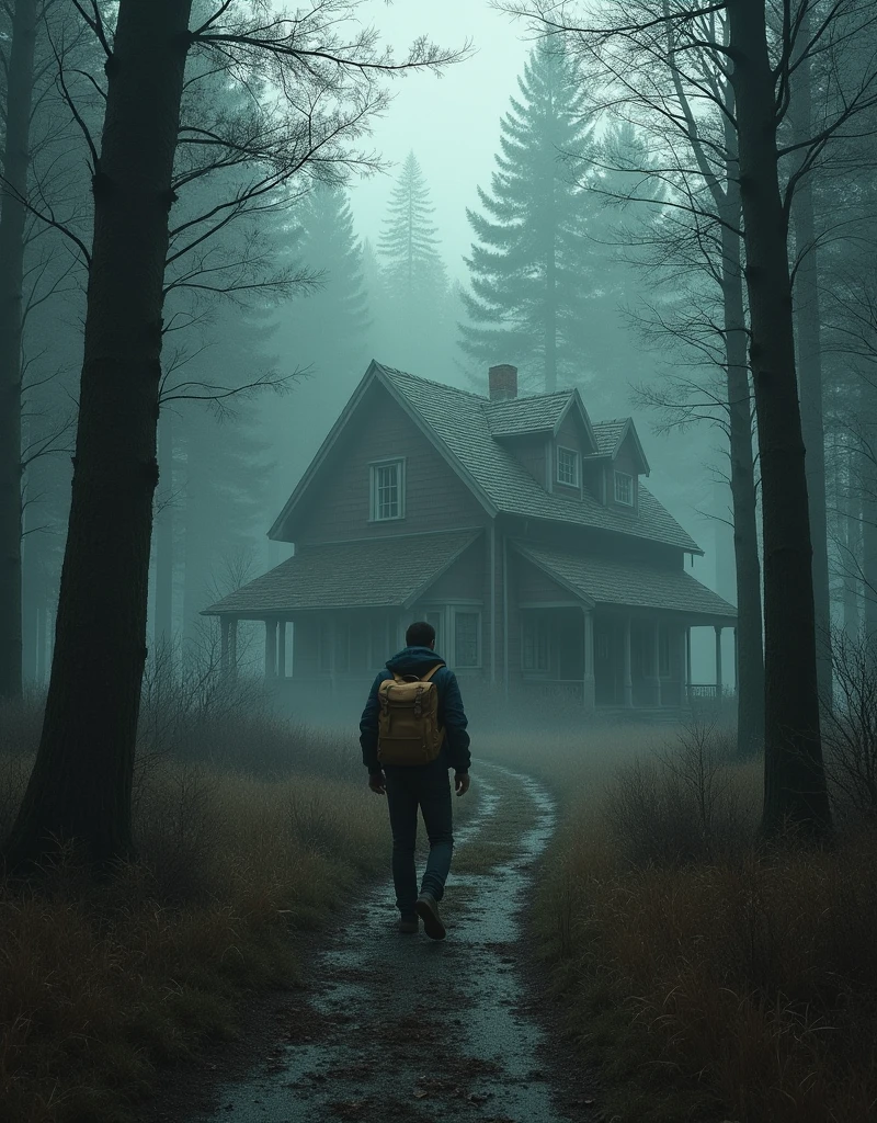 A man walking alone in the woods with a backpack, old house, Inspiration from stefan koidl, Bussiere Rutkowski Andreas Rocha, author：maxim verehin, inspired author：maxim verehin, Inspired by Tomasz Jedruszek, dark cinematic concept art, Weird nostalgic concept art, Inspired by Igor Kieryluk, Inspired by Ismail Inceoglu