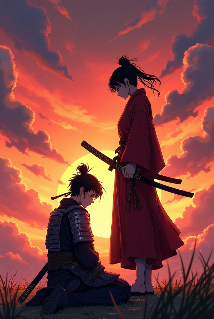 Defeated samurai kneeling, another standing holding sword, dramatic sunset lighting, anime style, detailed, UHD, trending on Artstation, in the style of Takashi Okazaki, Samurai Champloo, Hiroaki Samurai champloo