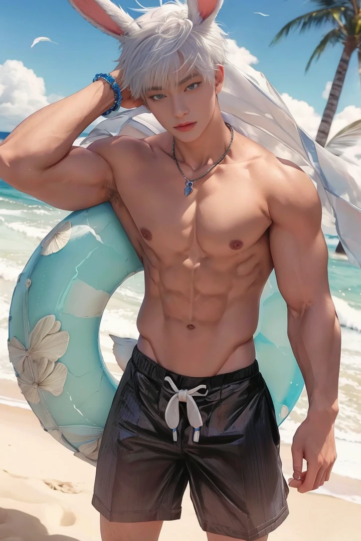 1 male, handsome Japanese male model, high resolution 4k, adult, perfect face, detailed eyes and face, muscular, white eyebrow hair, white eyelashes, Naked torso, Detailed face, perfect face, real skin texture, detail Perfect hand, details, Real and complete hand details, unreal engine, hd picture, satoru gojo, Jujutsu kaisen, white hair, short hair ,hair between eyes, blue eye, beach and sea background, rabbit ears, Rabbit Tail, buoy behind, necklace
