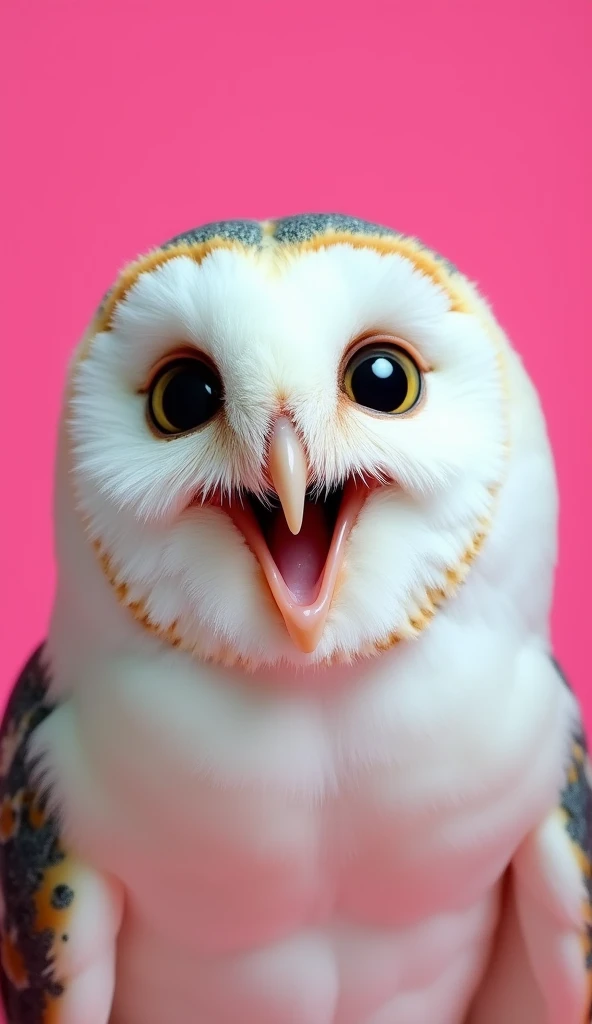 A close-up of a white owl with a surprised expression, featuring its beak open in an 'O' shape and wide, dark eyes. The owl's finely detailed feathers add texture, while its small, round face and alert posture enhance the look of shock. The background is a bright pink color, contrasting boldly with the white feathers. The composition centers on the owl's expressive face, making for a vibrant and striking image.
