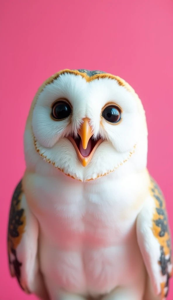 A close-up of a white owl with a surprised expression, featuring its beak open in an 'O' shape and wide, dark eyes. The owl's finely detailed feathers add texture, while its small, round face and alert posture enhance the look of shock. The background is a bright pink color, contrasting boldly with the white feathers. The composition centers on the owl's expressive face, making for a vibrant and striking image.