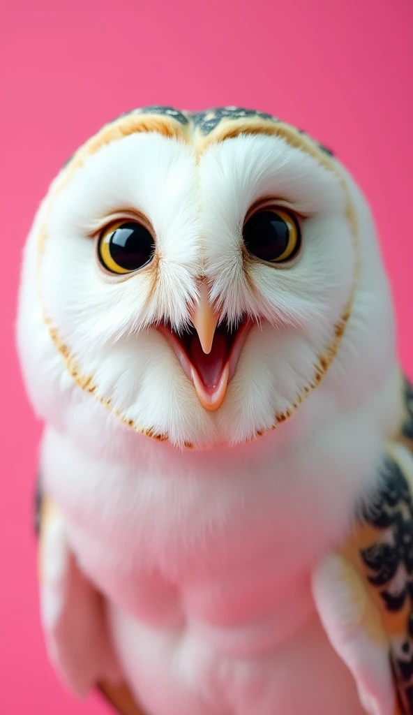 A close-up of a white owl with a surprised expression, featuring its beak open in an 'O' shape and wide, dark eyes. The owl's finely detailed feathers add texture, while its small, round face and alert posture enhance the look of shock. The background is a bright pink color, contrasting boldly with the white feathers. The composition centers on the owl's expressive face, making for a vibrant and striking image.