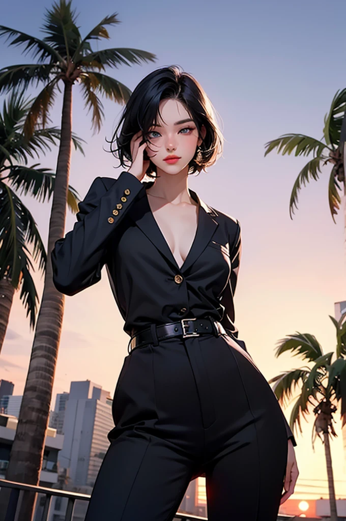 retro girl, short black hair, covering eyes, heterochromia eyes, black suit top, red dress shirt, stright dress pants, Miami, sunset, Ferrari, palm tree, 