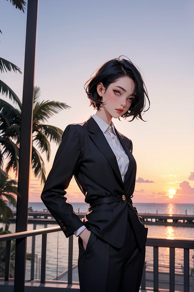 retro girl, short black hair, covering eyes, heterochromia eyes, black suit top, red dress shirt, stright dress pants, Miami, sunset, Ferrari, palm tree,