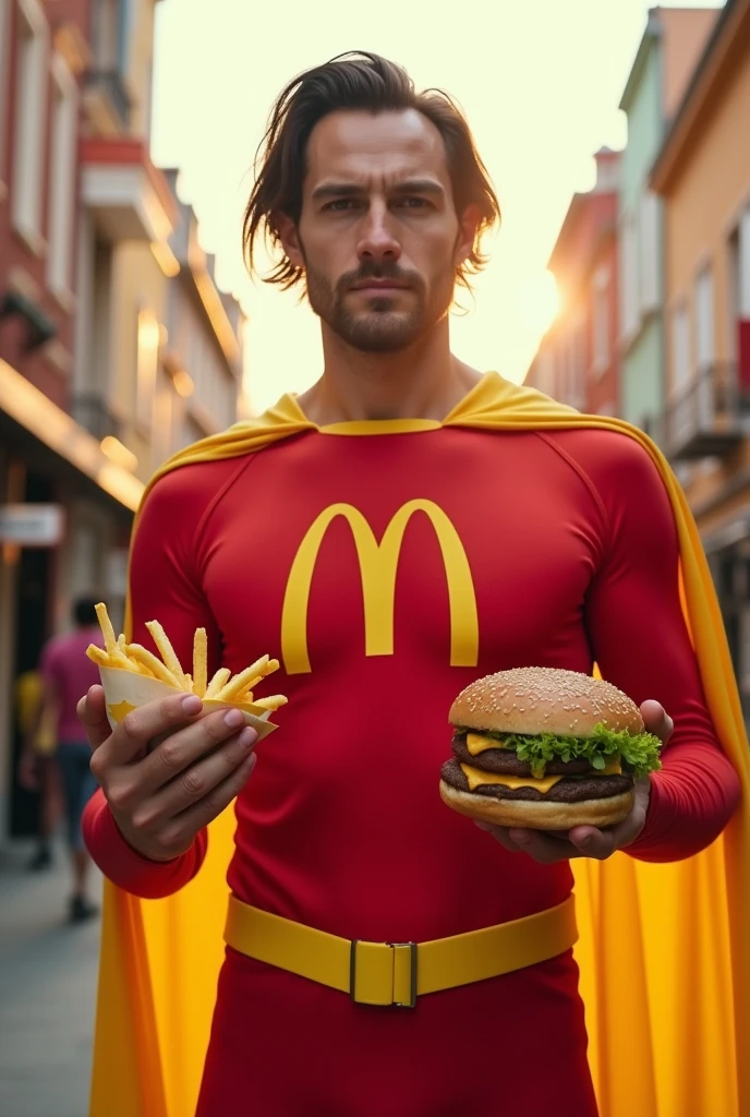 Create an image of McDonald's Man, A superhero with the Golden M on his chest, who uses fries and burgers as projectiles. Give him a burger in his right hand and fries in his left hand.
the hair on top a little longer, so that they cover the forehead.
