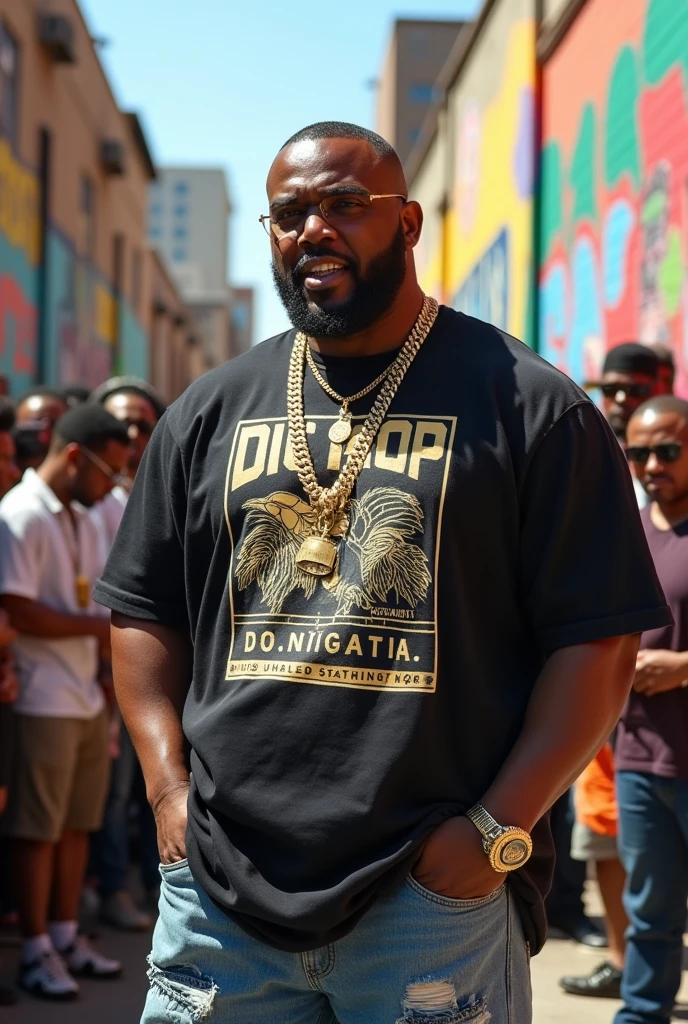 Man, strong, middle aged, well build, black rapper