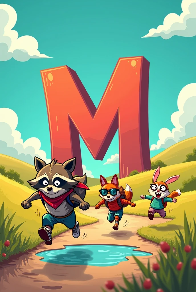 Make for me in cartoon form 3 fugitives running desperately from the giant Letter M