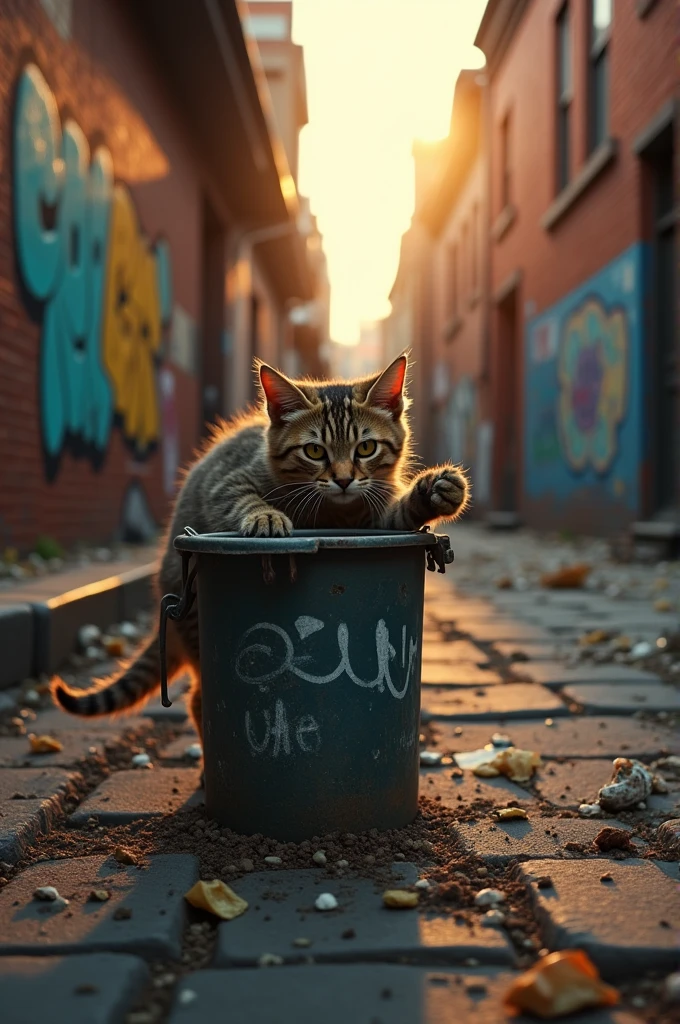 make a picture of a cat that eats in the trash